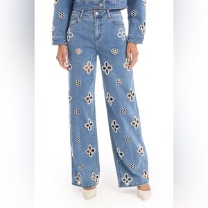 Noli Blue Floral Embroidered Wide Leg Jeans
